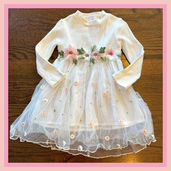 TODDLER PARTY DRESS~ CREAM W/FLOWER ACCENTS & TULLE ~ Sz 3T - Picture 1 of 9